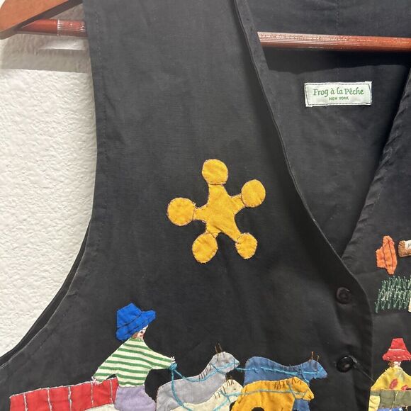 Vintage Handmade Folk Applique Frog A La Peche Cowgirl Vest Embroidered Medium - Picture 2 of 11